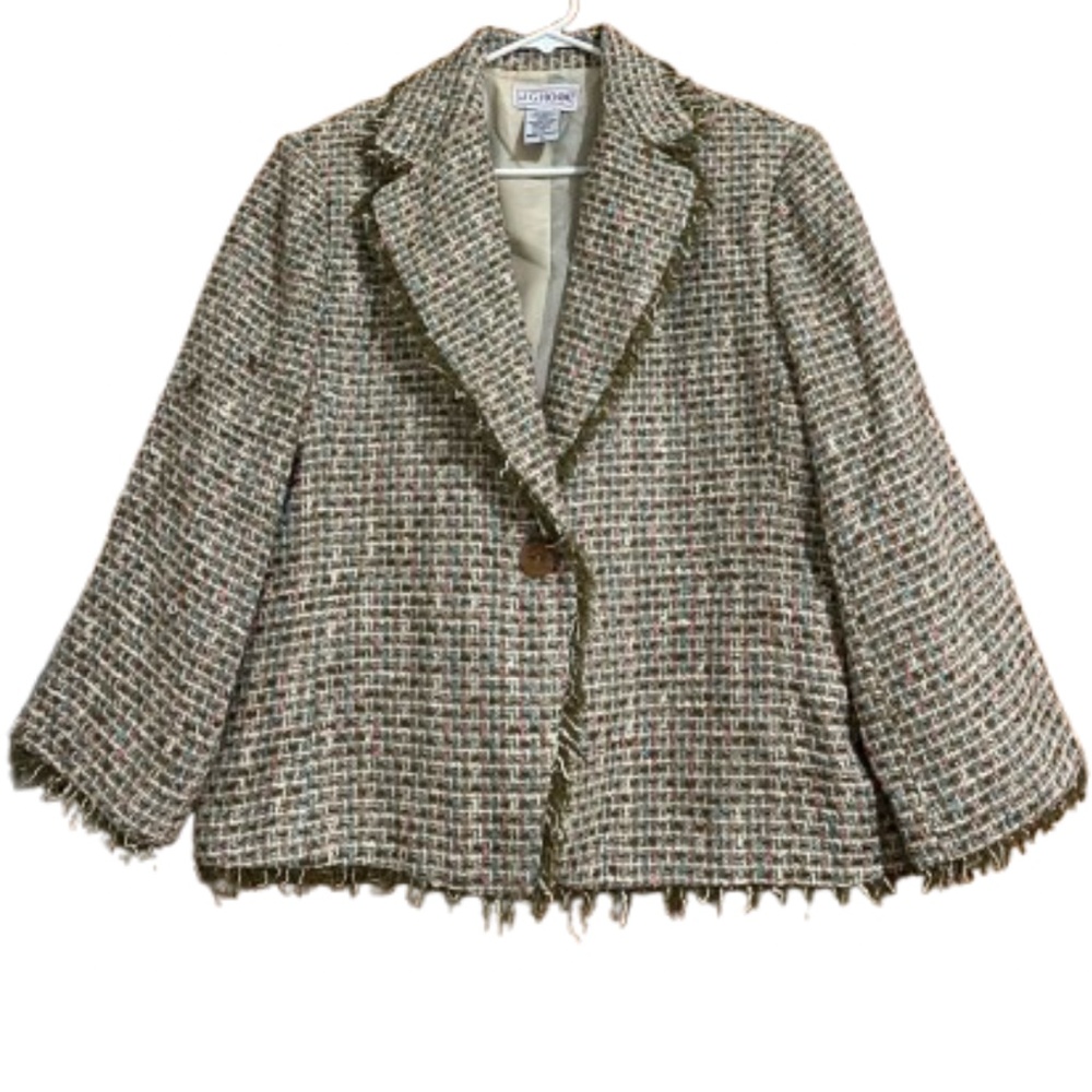 JG Hook Women’s Multicolor Tweed Blazer Jacket with Fringe Hems Sz-14
